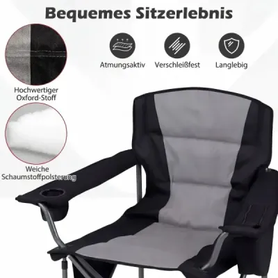 Velká kempingová židle, přenosná skládací židle s chladicí taškou na zip a držákem na nápoje, černá