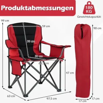 Velká kempingová židle, přenosná skládací židle s chladicí taškou na zip a držákem na nápoje, červená