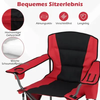 Velká kempingová židle, přenosná skládací židle s chladicí taškou na zip a držákem na nápoje, červená