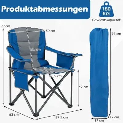Velká kempingová židle, přenosná skládací židle s chladicí taškou na zip a držákem na nápoje, modrá