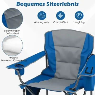 Velká kempingová židle, přenosná skládací židle s chladicí taškou na zip a držákem na nápoje, modrá