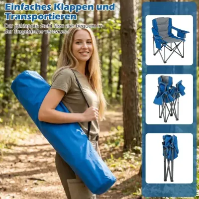 Velká kempingová židle, přenosná skládací židle s chladicí taškou na zip a držákem na nápoje, modrá