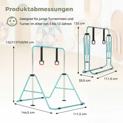 Dětská gymnastická hrazda s nastavitelnou výškou ve 4 směrech, robustní kovový rám, mátově zelená