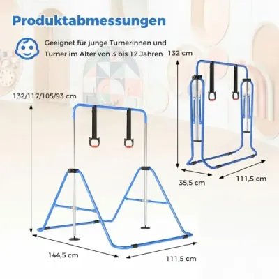Dětská gymnastická hrazda s nastavitelnou výškou ve 4 směrech, s robustním kovovým rámem, modrá