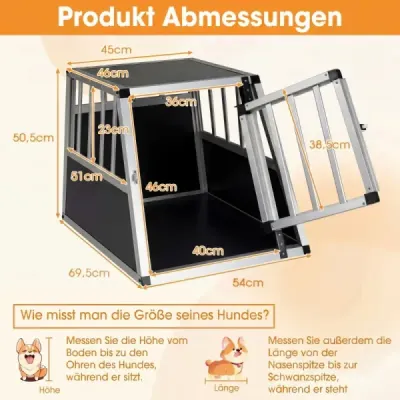 Přepravní box pro psy s uzamykatelnými dvířky a odnímatelnou přepážkou, hliníkový box pro psy, 69,5 x 54 x 50,5 cm