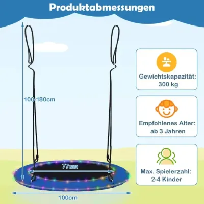 Houpačka hnízdo Ø100cm LED osvětlení Nastavitelné lano do 150kg Zahradní hřiště Modrá