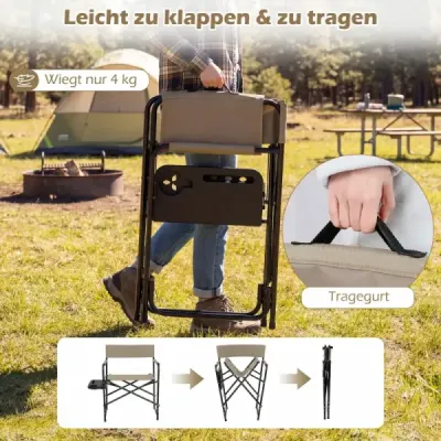 Režisérská židle, skládací, nosnost do 150 kg, kempingová židle s bočním stolkem, držákem na nápoje a přihrádkou, hnědá