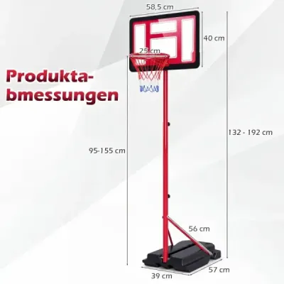 Dětský basketbalový koš 95-155 cm, výškově nastavitelný basketbalový stojan s plnitelnou základnou, červený