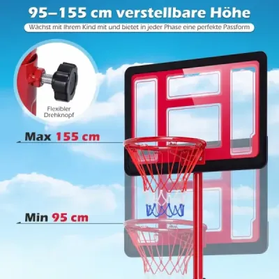 Dětský basketbalový koš 95-155 cm, výškově nastavitelný basketbalový stojan s plnitelnou základnou, červený