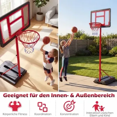 Dětský basketbalový koš 95-155 cm, výškově nastavitelný basketbalový stojan s plnitelnou základnou, červený
