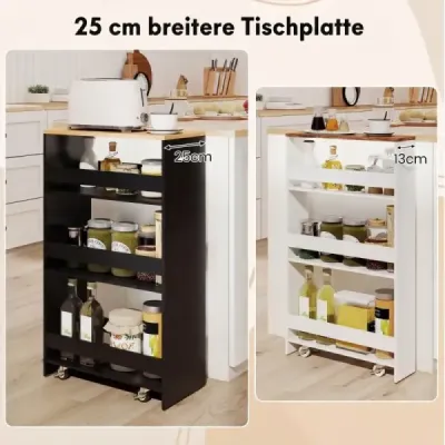 13cm úzký kuchyňský vozík s nabíjecí stanicí, 4patrový pojízdný úložný vozík, černá + přírodní