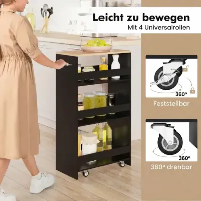 13cm úzký kuchyňský vozík s nabíjecí stanicí, 4patrový pojízdný úložný vozík, černá + přírodní
