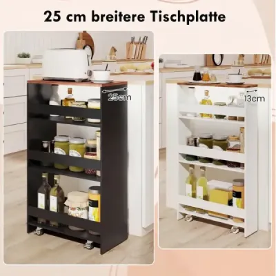 13cm úzký kuchyňský vozík s nabíjecí stanicí, 4patrový pojízdný úložný vozík, černá + hnědá