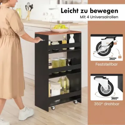 13cm úzký kuchyňský vozík s nabíjecí stanicí, 4patrový pojízdný úložný vozík, černá + hnědá