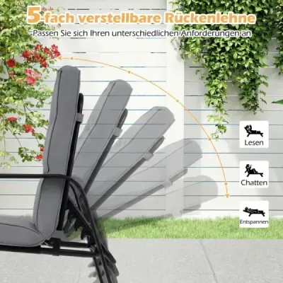 Sada 2 zahradních židlí, nastavitelná opěradla s 5 polohami, odnímatelné polštáře a kovové područky, šedá