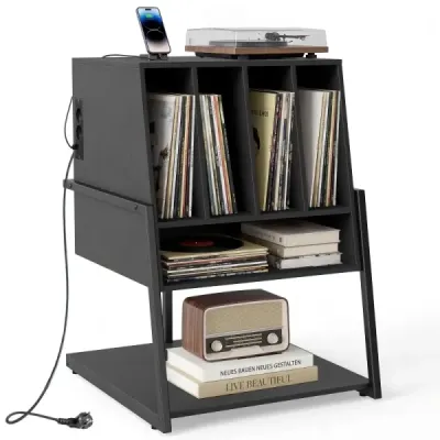 Stojan na gramofon s integrovanou nabíjecí stanicí a 4 přepážkami, stolek na vinylové desky, černý