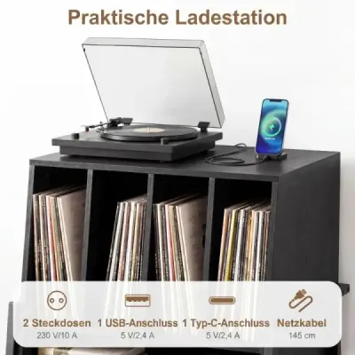 Stojan na gramofon s integrovanou nabíjecí stanicí a 4 přepážkami, stolek na vinylové desky, černý