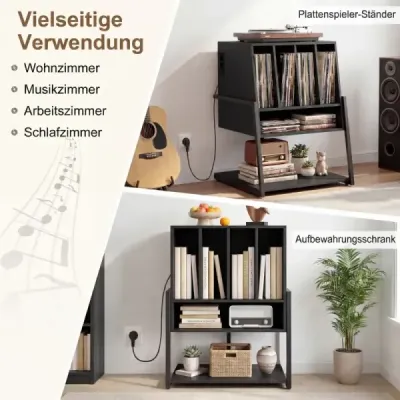 Stojan na gramofon s integrovanou nabíjecí stanicí a 4 přepážkami, stolek na vinylové desky, černý