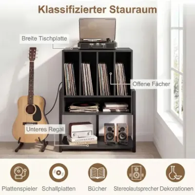 Stojan na gramofon s integrovanou nabíjecí stanicí a 4 přepážkami, stolek na vinylové desky, černý
