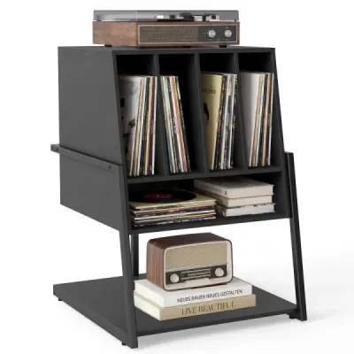 Stojan na gramofon s širokou deskou a 4 přepážkami, stolek na vinylové desky, černý