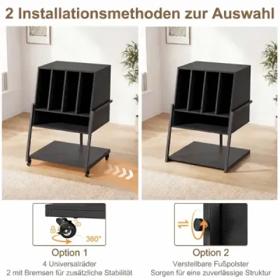 Stojan na gramofon s širokou deskou a 4 přepážkami, stolek na vinylové desky, černý