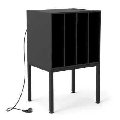 Stojan na gramofon s integrovanou nabíjecí stanicí, 4 přepážkami a otvorem pro kabel. Stojan na gramofonové desky.