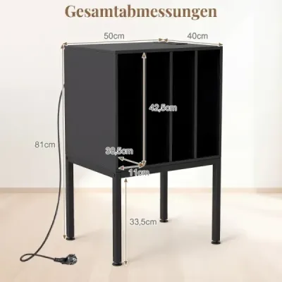 Stojan na gramofon s integrovanou nabíjecí stanicí, 4 přepážkami a otvorem pro kabel. Stojan na gramofonové desky.