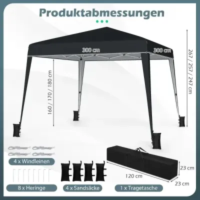 Skládací pavilon 3x3m, vodotěsný, výškově nastavitelný, slunečník na kempování, na zahradu, černý