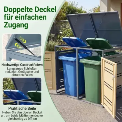 Úložný prostor pro 2 popelnice o objemu 120 l. Zahradní domek odolný proti povětrnostním vlivům s uzamykatelnými dveřmi. Šedožlutý.