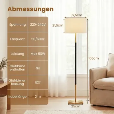 Stojací lampa 165 cm, stojací lampa s lněným stínidlem, objímkou ​​E27 a nožním spínačem