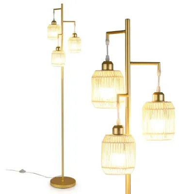 Stojací lampa 173 cm čtecí lampa se 3 objímkami E27 a nožním spínačem, moderní stojací lampa s klecovým stínidlem, zlatá