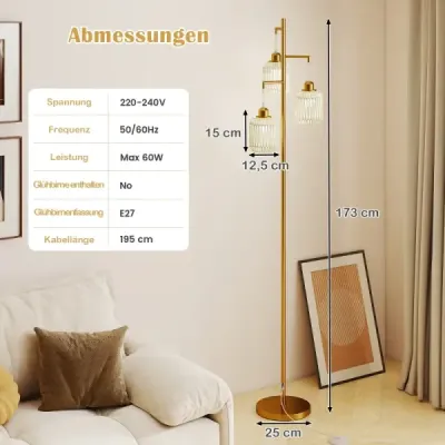 Stojací lampa 173 cm čtecí lampa se 3 objímkami E27 a nožním spínačem, moderní stojací lampa s klecovým stínidlem, zlatá