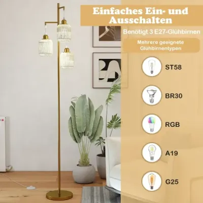 Stojací lampa 173 cm čtecí lampa se 3 objímkami E27 a nožním spínačem, moderní stojací lampa s klecovým stínidlem, zlatá