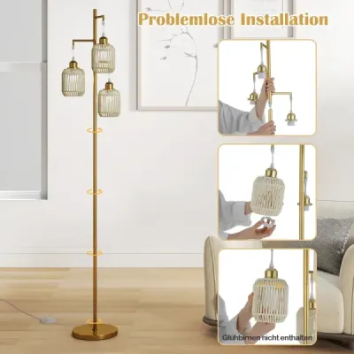 Stojací lampa 173 cm čtecí lampa se 3 objímkami E27 a nožním spínačem, moderní stojací lampa s klecovým stínidlem, zlatá