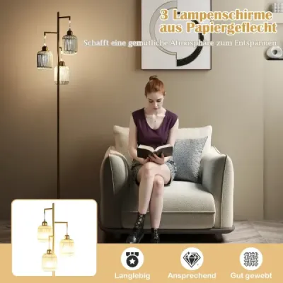 Stojací lampa 173 cm čtecí lampa se 3 objímkami E27 a nožním spínačem, moderní stojací lampa s klecovým stínidlem, zlatá