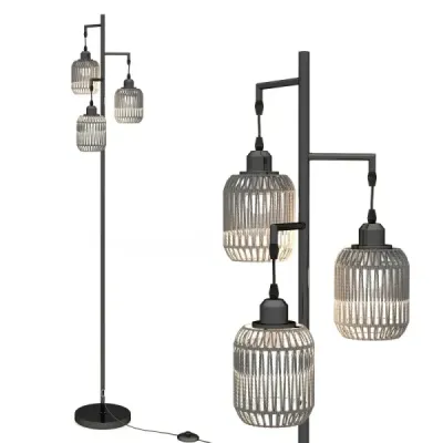 Stojací lampa 173 cm čtecí lampa se 3 objímkami E27 a nožním spínačem, moderní stojací lampa s klecovým stínidlem, černá