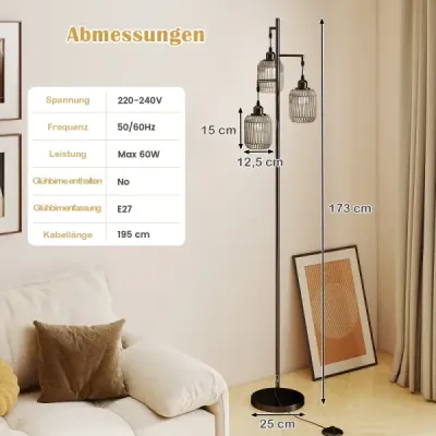 Stojací lampa 173 cm čtecí lampa se 3 objímkami E27 a nožním spínačem, moderní stojací lampa s klecovým stínidlem, černá