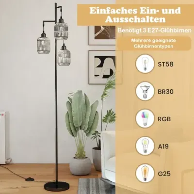 Stojací lampa 173 cm čtecí lampa se 3 objímkami E27 a nožním spínačem, moderní stojací lampa s klecovým stínidlem, černá