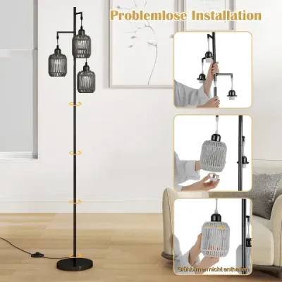 Stojací lampa 173 cm čtecí lampa se 3 objímkami E27 a nožním spínačem, moderní stojací lampa s klecovým stínidlem, černá