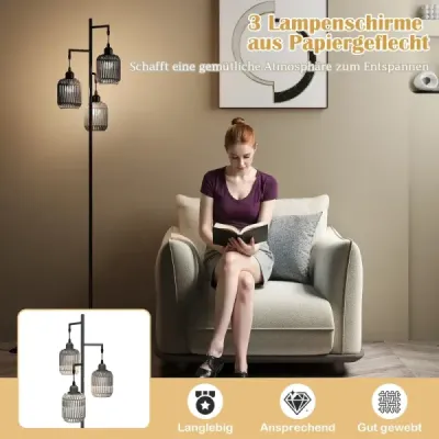 Stojací lampa 173 cm čtecí lampa se 3 objímkami E27 a nožním spínačem, moderní stojací lampa s klecovým stínidlem, černá
