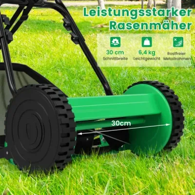 Vřetenová sekačka Ruční sekačka na trávu s šířkou záběru 30 cm a sběrným košem o objemu 18,5 litru, zelená