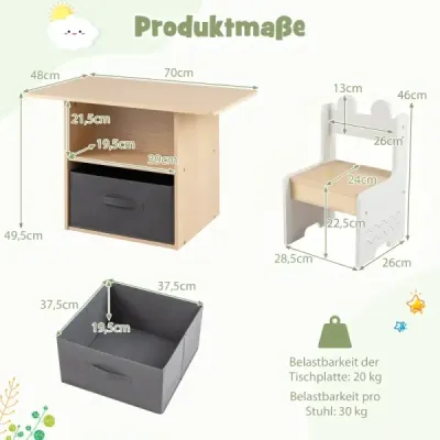 Dětský stolek se 2 židlemi ve tvaru krokodýla, 3dílná sada. Dětská jídelní souprava s úložným prostorem a látkovou zásuvkou, bílá + přírodní