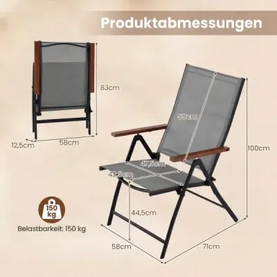 Sada 2 zahradních židlí s 5stupňově nastavitelným opěradlem, skládací balkonové židle s nosností až 150 kg, šedé