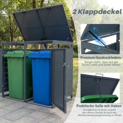 Kryt na 2 popelnice o objemu 240 l, kovový kryt pro 2 popelnice, kryt s odklápěcím víkem, šedý