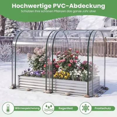 Zvýšený záhon 3 v 1 se skleníkem – kovový truhlík s PVC krytem a 2 okny – skleník, stříbrný