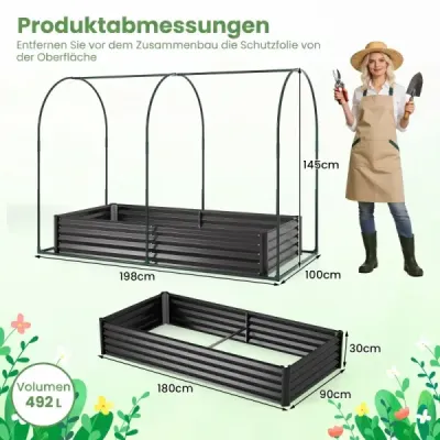 Zvýšený záhon 3 v 1 se skleníkem – kovový truhlík s PVC krytem a 2 okny – černý
