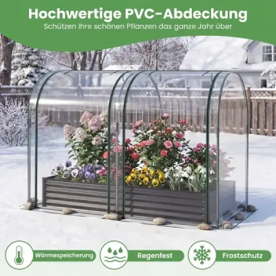 Zvýšený záhon 3 v 1 se skleníkem – kovový truhlík s PVC krytem a 2 okny – černý