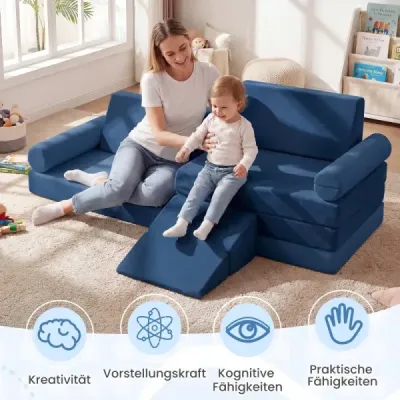 10dílná dětská sedací souprava – modulární dětská herní sedací souprava s měkkým křišťálovým sametem, potahy lze prát v pračce, modrá