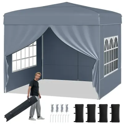 Pavilon 3 x 3 m – skládací pavilon typu „pop-up“ se 4 odnímatelnými bočními stěnami, 3stupňově výškově nastavitelný párty stan, šedý