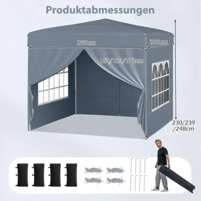 Pavilon 3 x 3 m – skládací pavilon typu „pop-up“ se 4 odnímatelnými bočními stěnami, 3stupňově výškově nastavitelný párty stan, šedý